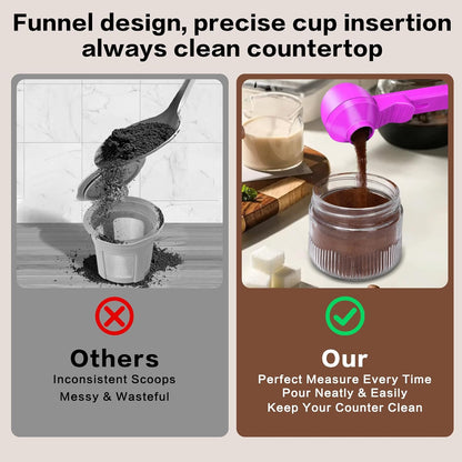 2-in-1 Coffee Scoop with Funnel, 2 Teaspoon Measuring Spoon for Reusable K Cups, Ground Coffee, Protein Powder & Tea, Mess-Free Plastic Design (Pink)
