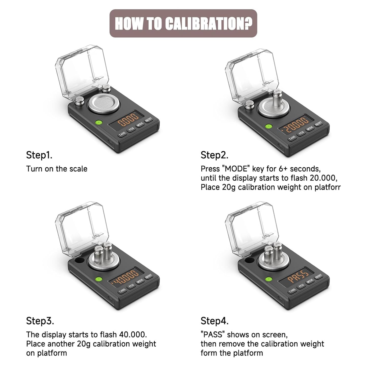 Milligram Scale 100g x 0.001g, MG Powder Scale with Selectable Auto Off, Built-in Bubble Level, 20g Calibration Weight Included, USB/Battery
