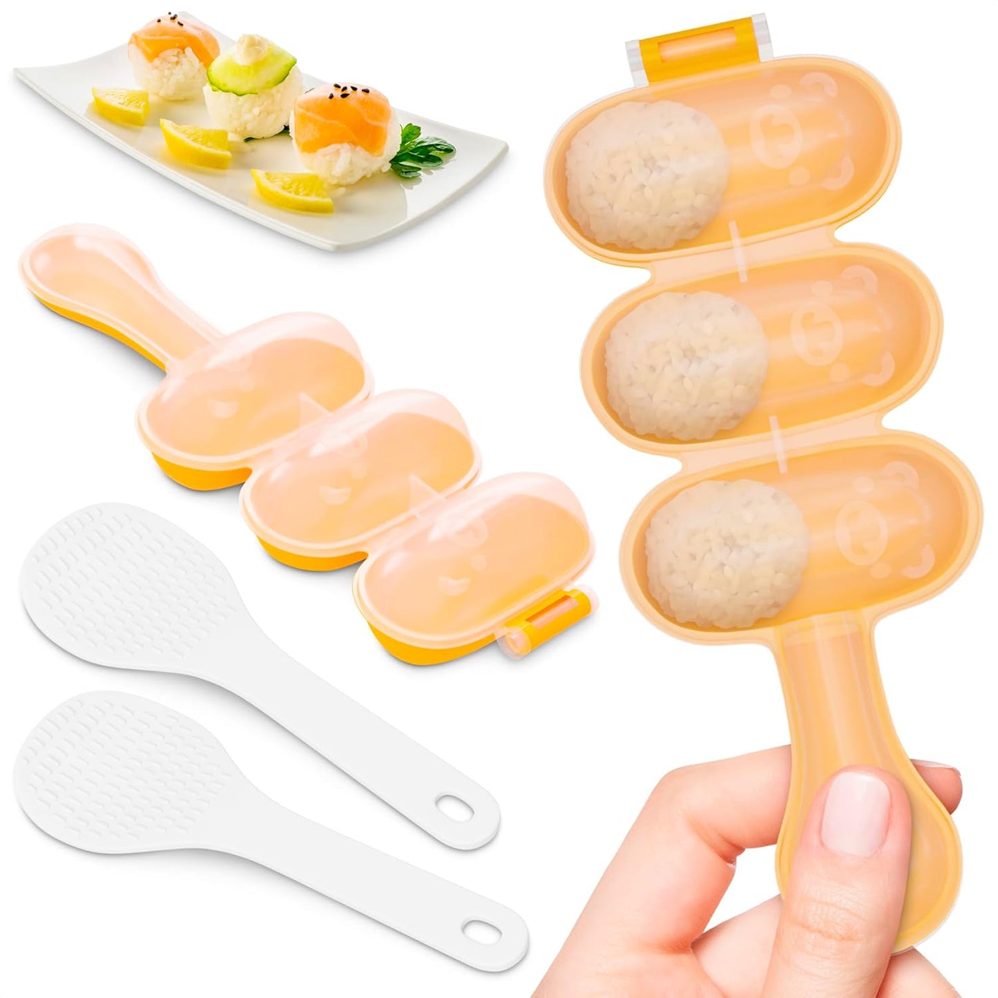 Rice Ball Mold - Mini Rice Ball Maker Mold with 3 Bite-Size Portions, Plastic Shaker with Scoop for Fast Shake Shaping – Versatile Tool for Bento Meals, Temari Sushi, Yaki-Onigiri & Creative Plating