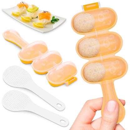 Rice Ball Mold - Mini Rice Ball Maker Mold with 3 Bite-Size Portions, Plastic Shaker with Scoop for Fast Shake Shaping – Versatile Tool for Bento Meals, Temari Sushi, Yaki-Onigiri & Creative Plating