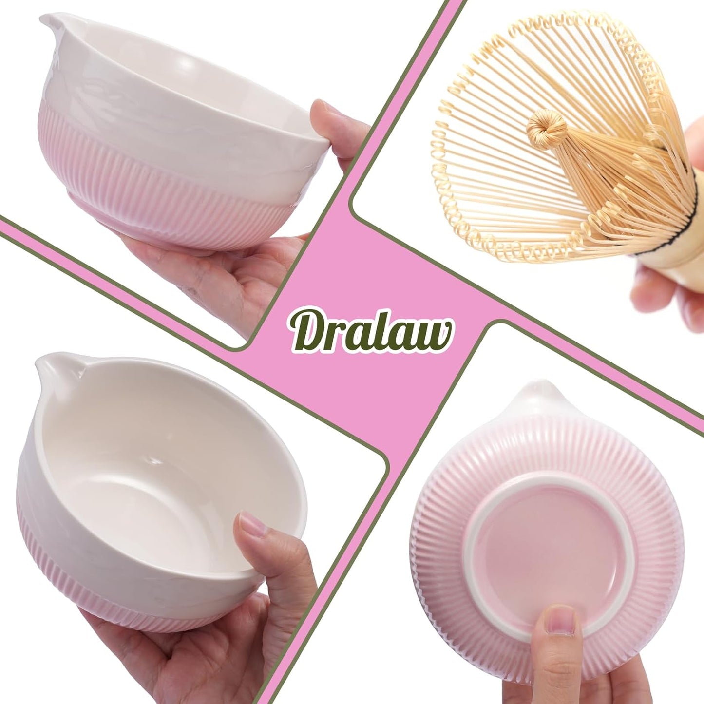 Matcha Whisk Set, Ceramic Matcha Set Includes Bowl & Holder, Bamboo Whisk (Chasen), Scoop, Spoon and Sifter, 8PCS Matcha Kit Covers Everything Needed for Making Matcha (Pink)