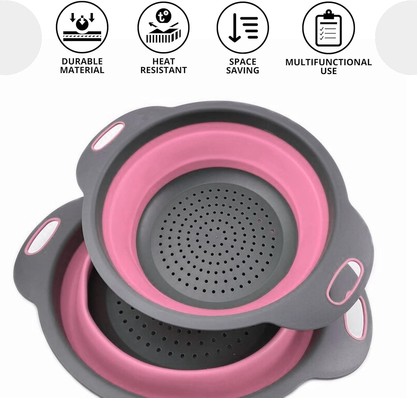Green Kitchen Strainer Colander Set - 2 PCS Multifunctional Colander Silicone Food Strainers for Kitchen for Pasta and Spaghetti Collapsible with Plastic Handles