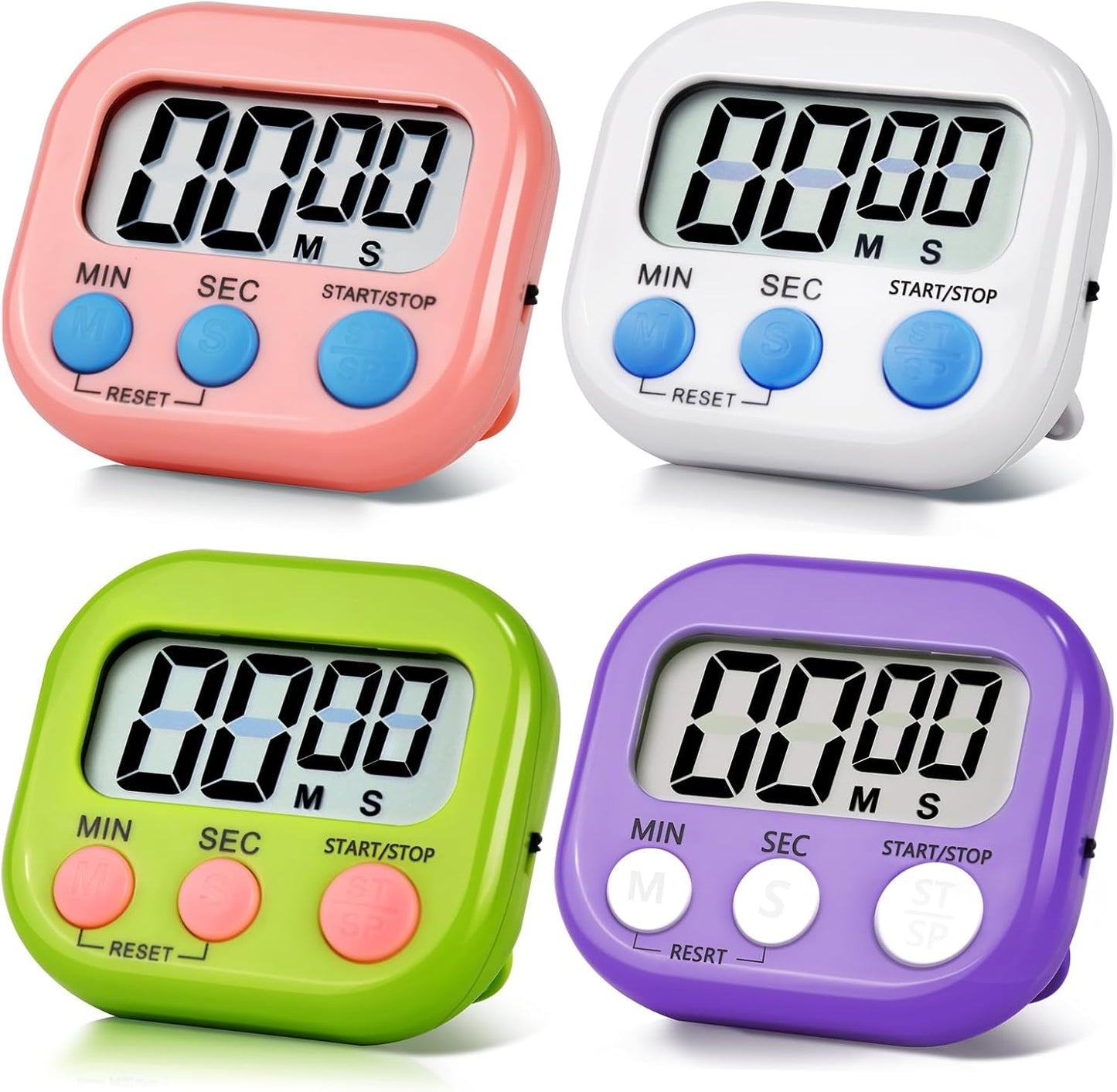 4 Pack Digital Kitchen Timer Magnetic Digital Timer with Big Display Loud Ring Cooking Timers for Cooking, Game, Gym, Break Time, Classroom(4, Pink, Green, Orange, White)