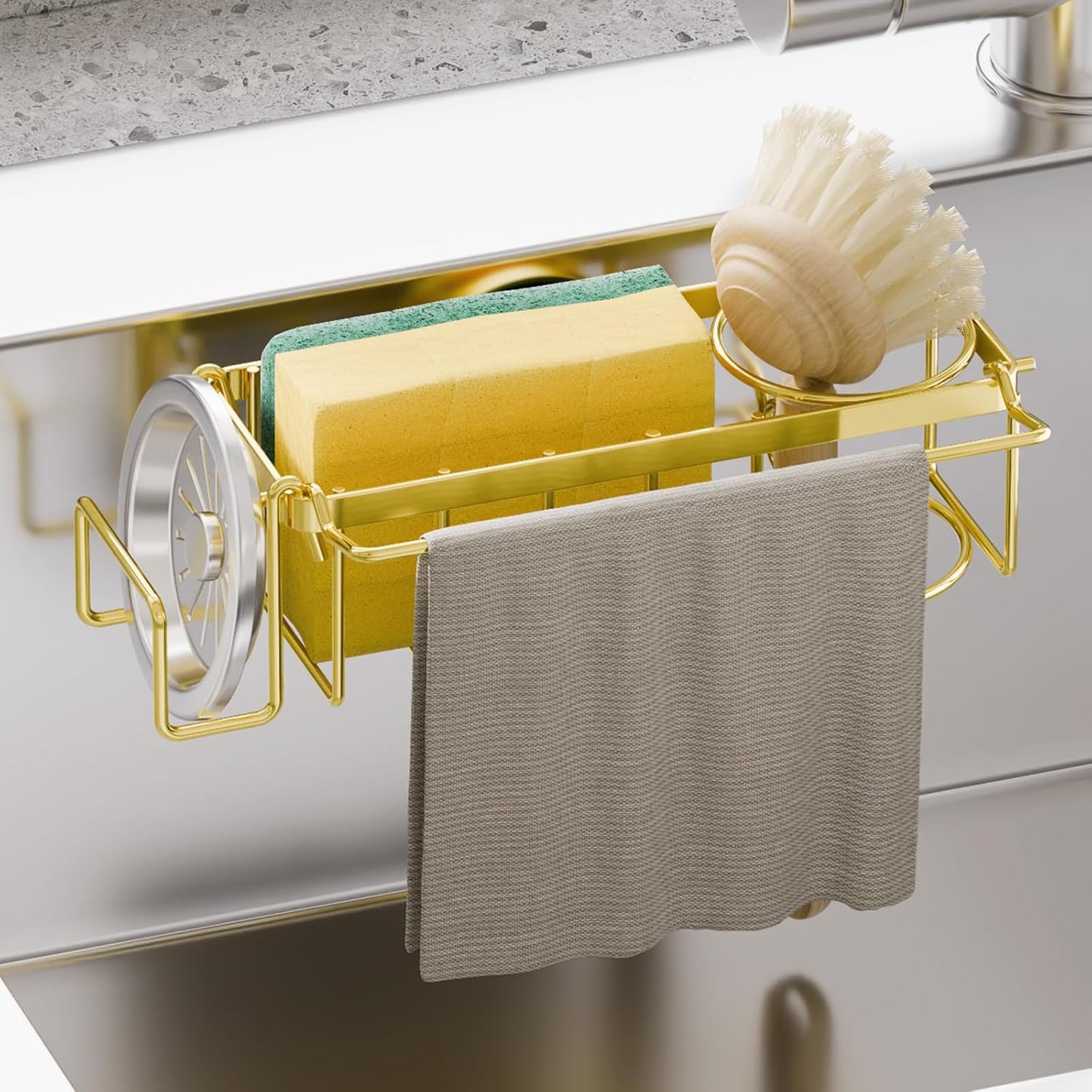 TAILI Sponge Holder for Kitchen Sink with Strong Suction Cup Removable, Rustproof Aluminum Sink Caddy for Sponge, Brush, Scrubber, Scraper -Silver
