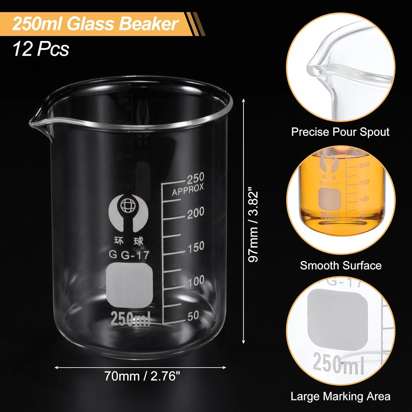 PATIKIL 50ml Low Form Glass Beaker, 12 Pack 3.3 Borosilicate Glass Graduated Printed Scale Measuring Cups with Spout for Kitchen Lab Liquids