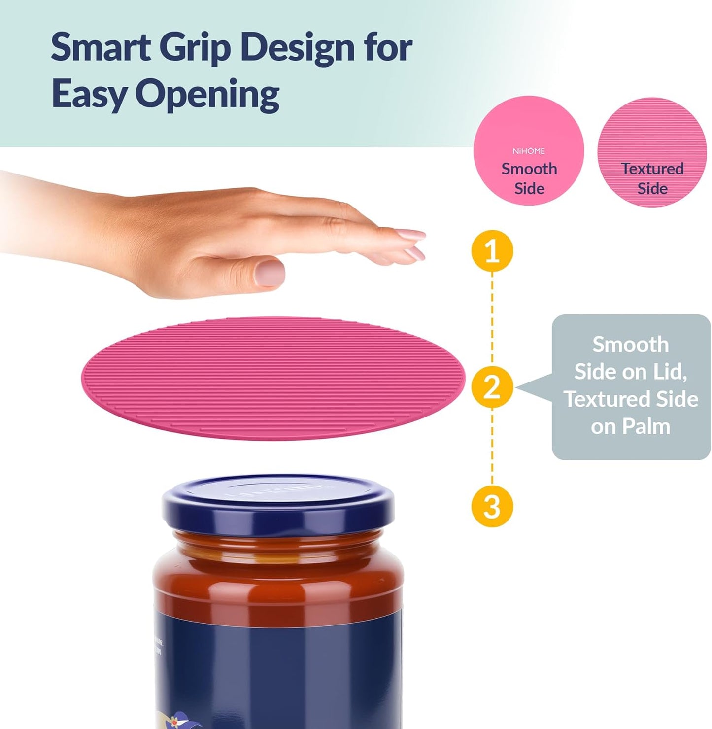 NIHOME Silicone Jar Opener – 6 Inch Large Anti-Slip Grip Pads, Premium 100% Food-Grade Silicone, Stylish Designer Colors, Multi-Purpose Heat-Resistant Mat & Coaster, Set of 4
