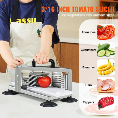 Happybuy Commercial Tomato Slicer, 3/16 inch Cutter, Stainless Steel, Manual with Non-slip Feet, for Various Veggies & Fruits