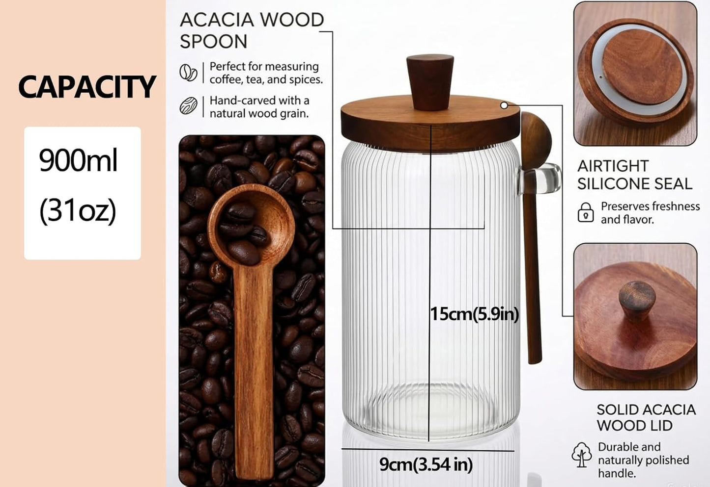 31oz Airtight Coffee Canister with Scoop, Glass Coffee Container for Bean Storage, Clear Coffee Bean Holder Jar with Acacia Wood Lid ans Spoon, Coffee Storage Container Kitchen Canister for Countertop