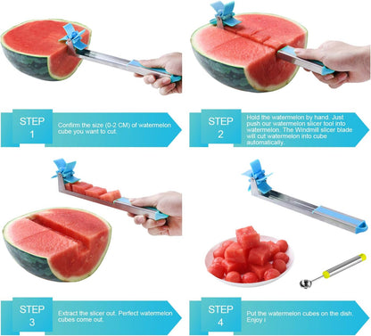 Watermelon Slicer Watermelon Cube Cutter Knife Corer Windmill Stainless Steel Watermelon Fruit Tools with Melon Baller Scooper Easy Slicer Unique Kitchen Gadgets Watermelon Knife Home Gift (Pink)