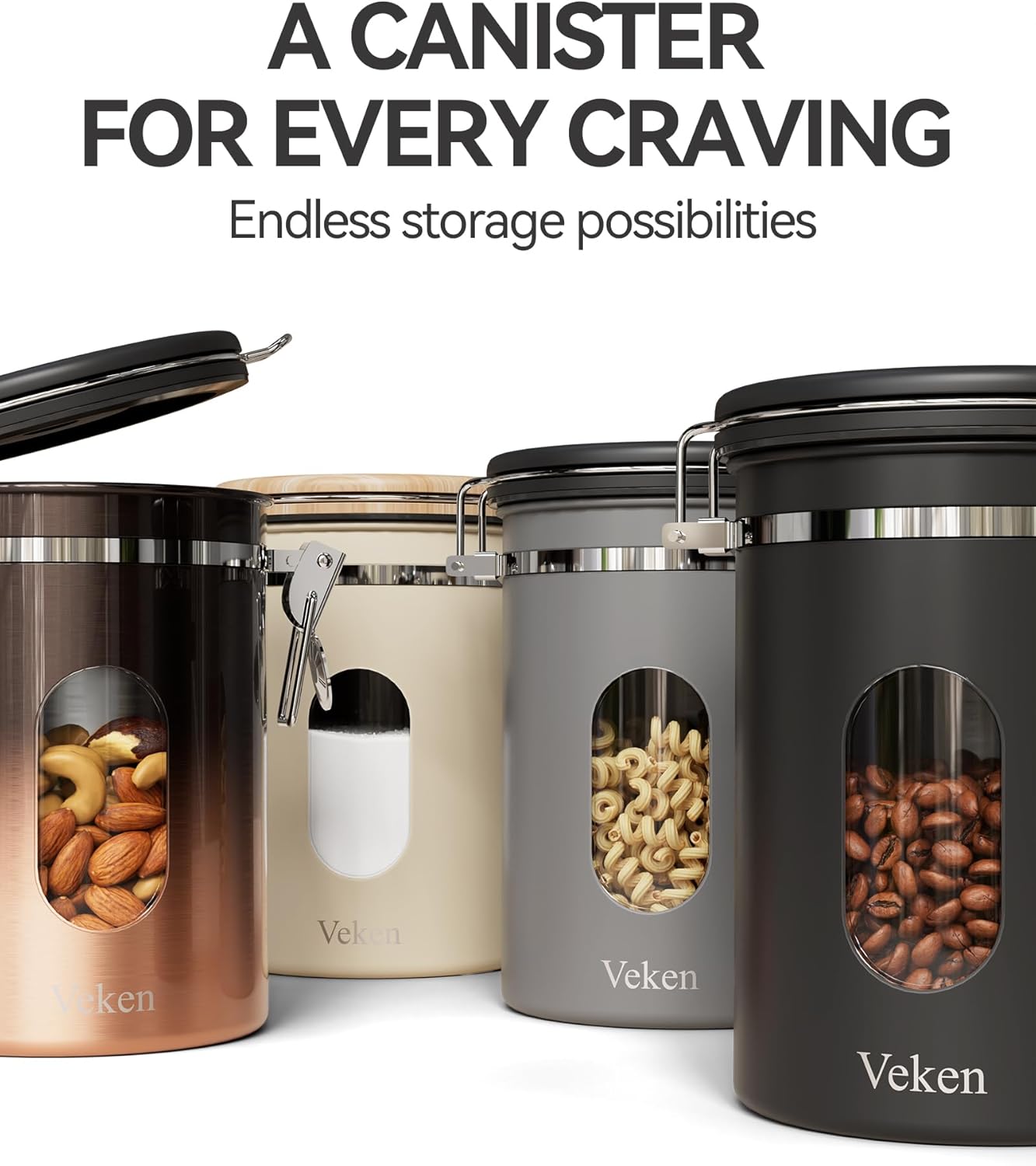 Veken Coffee Canister with Window,Airtight Stainless Steel Pantry Container,Home Kitchen Food Storage Organizers for Ground,Beans,Espresso,Rice,Tea,Sugar,Cereal, Decor,Bar Accessories,Gifts,22OZ,Black