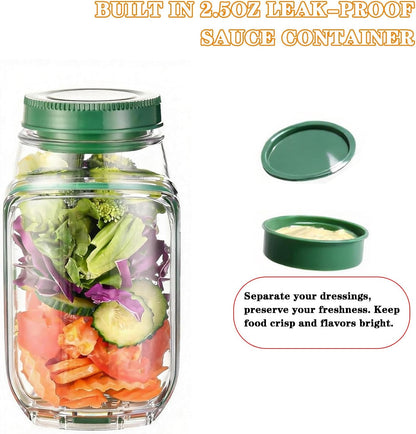 Salad Jar with Side Opening - Leakproof Salad Container & Pod, Mason Jar with Dressing Cup, Portable Lunch Container for Meal Prep, Dishwasher & Freezer Safe, for Office, Gym(Green)