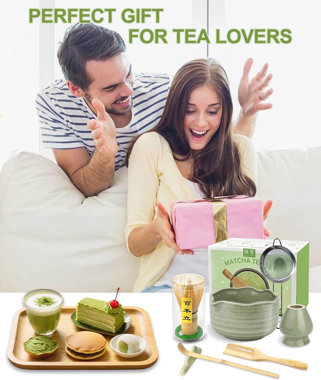 JBER Matcha Whisk Set, Ceramic Matcha Set Includes Bowl & Holder, Bamboo Whisk (Chasen), Sifter, Scoop, Spoon & Rest - 7PCS Matcha Kit Gift for Matcha Lovers & Beginners, Gradient Pink