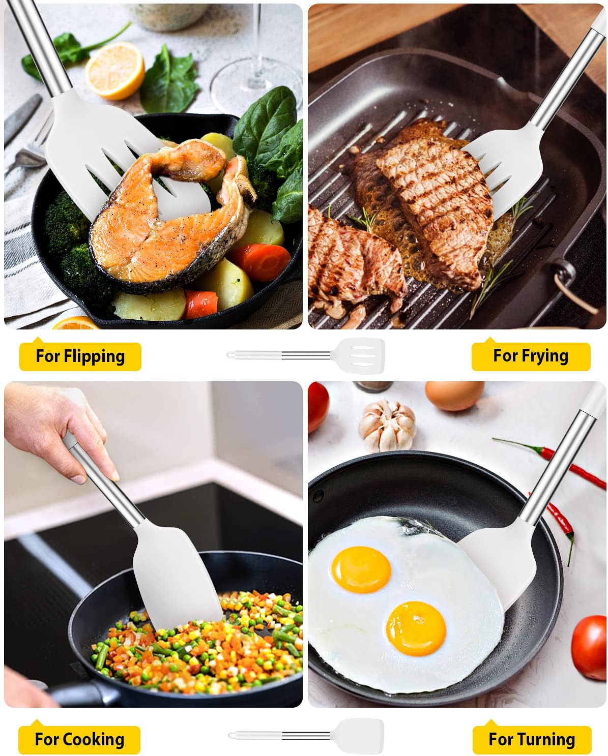Pack of 2 Silicone Solid Turner, Non Stick Slotted Kitchen Spatulas, High Heat Resistant BPA Free Cooking Utensils, Ideal Cookware for Fish, Eggs, Pancakes(Black)