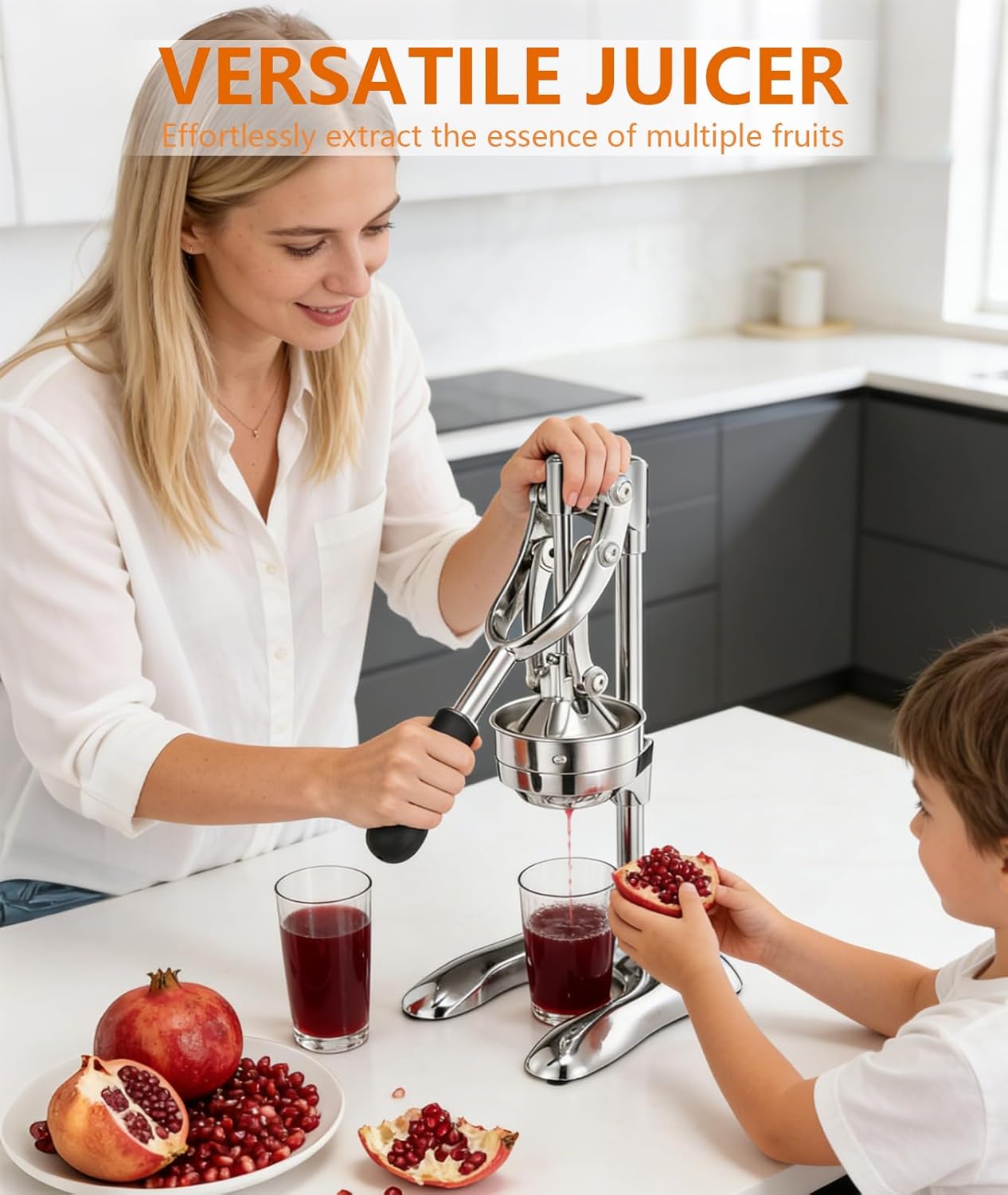 Manual Juicer Professional Hand Press - Heavy Duty Stainless Steel Citrus Squeezer for Orange, Lemon & Pomegranate with Stable Base and Measuring Cup, Commercial Grade Extraction