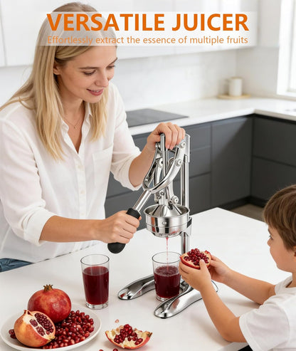 Manual Juicer Professional Hand Press - Heavy Duty Stainless Steel Citrus Squeezer for Orange, Lemon & Pomegranate with Stable Base and Measuring Cup, Commercial Grade Extraction