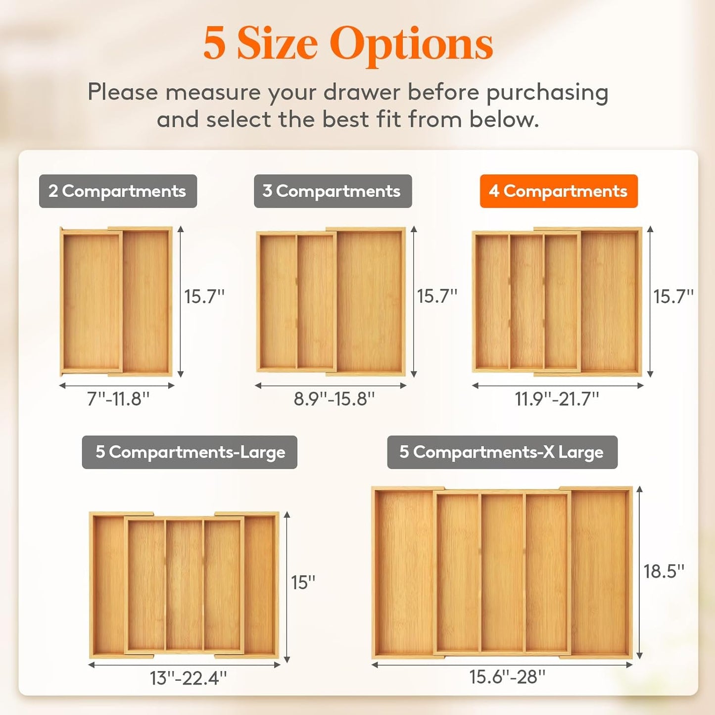 Lifewit Utensil Organizer for Kitchen Drawer, Expandable Cooking Utensil Tray, Cutlery Silverware Flatware Holder, Wood Adjustable Spatula Tools Storage Divider, 8.9-15.8 x 15.75, Natural