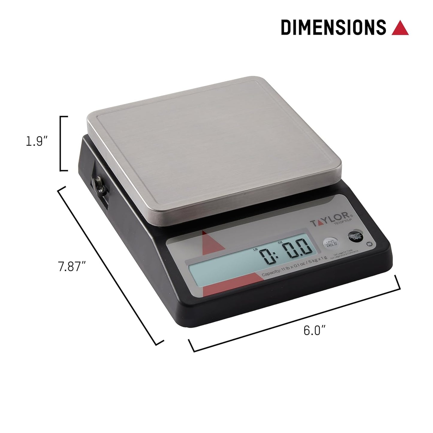 Taylor TE10FT 11-Pound Commercial Digital Portion Control Scale, 11 lb (5 kg) in 0.1 oz (1 g) Food and Cooking Scale, Tare and Hold Function, NSF, Stainless Steel Platform