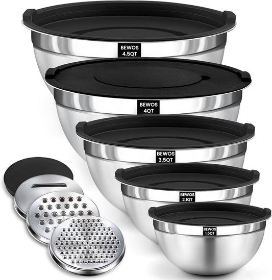 BEWOS Mixing Bowls with Lids Set - 5 Pcs Stainless Steel Mixing Bowls With 3 Grater Attachments, Size 4.5, 4, 3.5, 2.1, 1.5QT Metal Bowls for Baking and Serving (Colored)