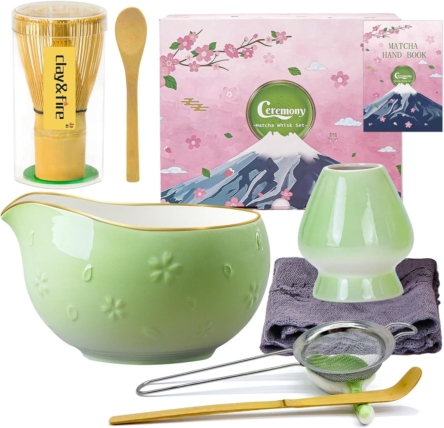 Clay&Fire Matcha Whisk Set, 9 pcs Ceramic Matcha Set, Gifts for Women,Matcha Bowl with Spout and Whisk, Matcha Kit for Matcha Lovers, Gift Mother's Day, Birthday, Anniversary