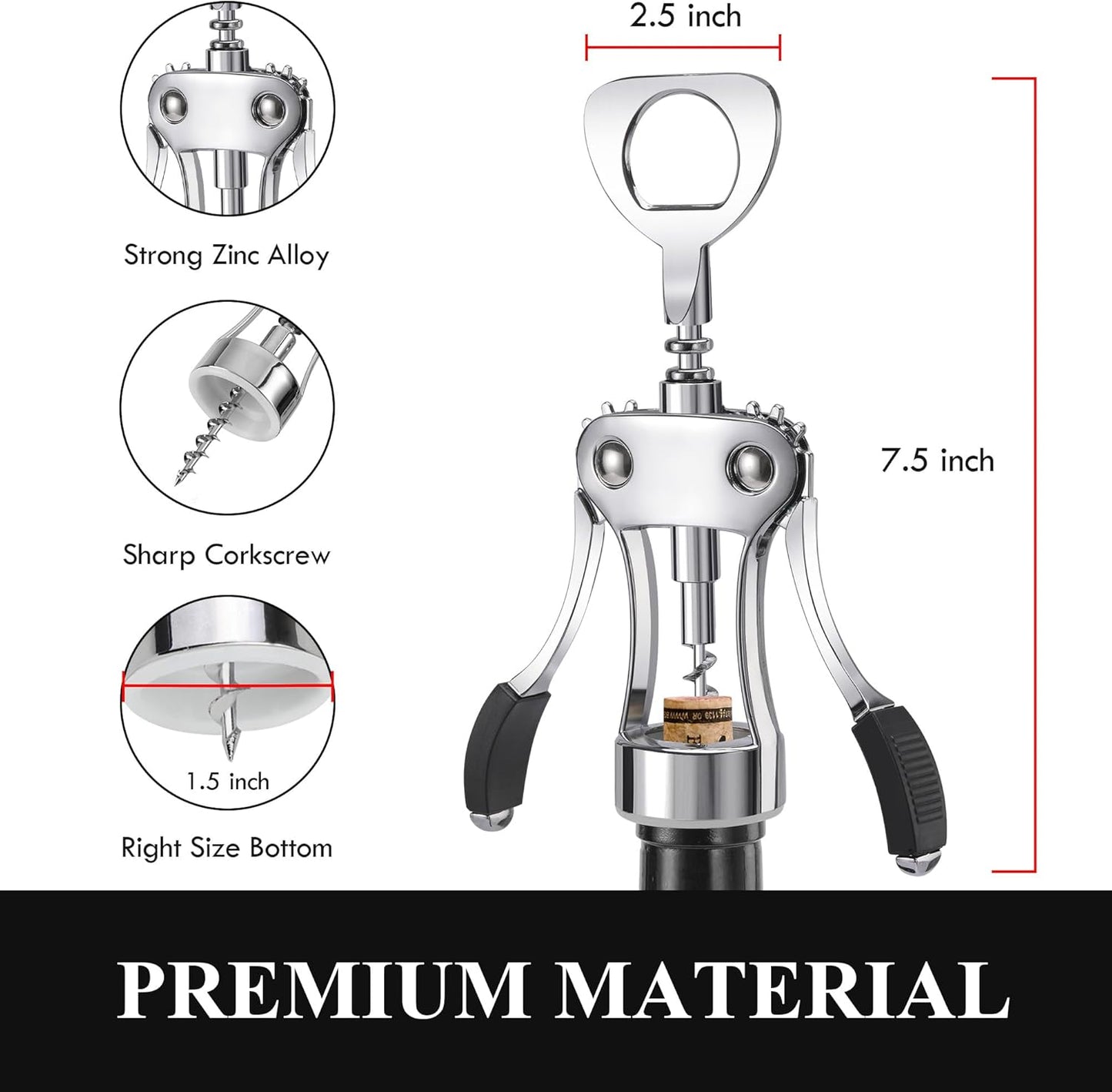 KORCCI Wine Opener, Heavy-Duty Zinc Alloy Wing Corkscrew, Premium Beer Bottle Opener, Multifunctional Wine Accessories with Ergonomic Handle and Sharp Screw, for Kitchen, Bar, Restaurant (SILVER)