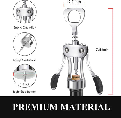 KORCCI Wine Opener, Heavy-Duty Zinc Alloy Wing Corkscrew, Premium Beer Bottle Opener, Multifunctional Wine Accessories with Ergonomic Handle and Sharp Screw, for Kitchen, Bar, Restaurant (SILVER)