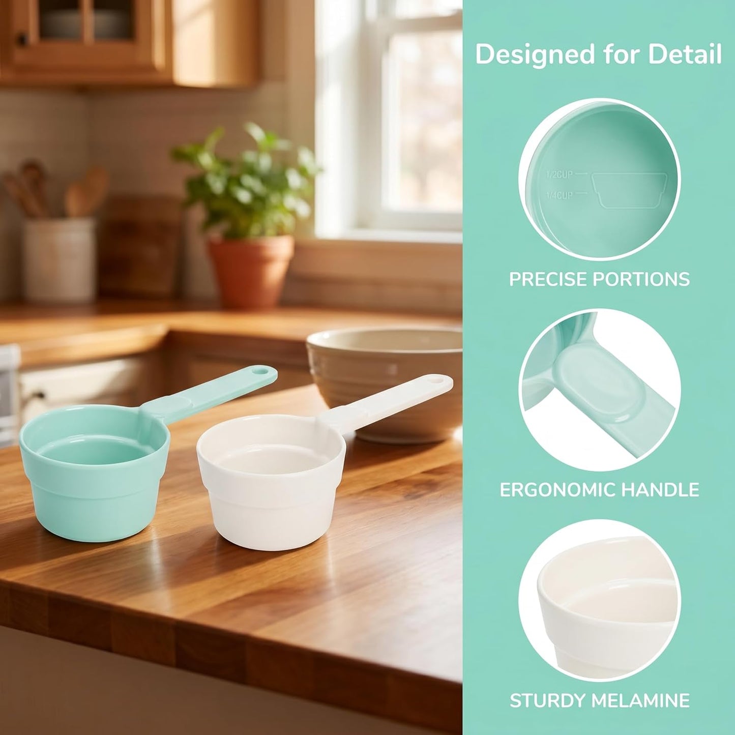 DEAYOU 4 Pack Dog Food Scoop 1/2 Cup, Melamine Pet Food Measuring Cup with Long Handle, Food-Grade Half Cup Feeding Scoop for Cat, Bird, Rabbit, Dry Wet Food, Dishwasher Safe, Accurate Portion Control