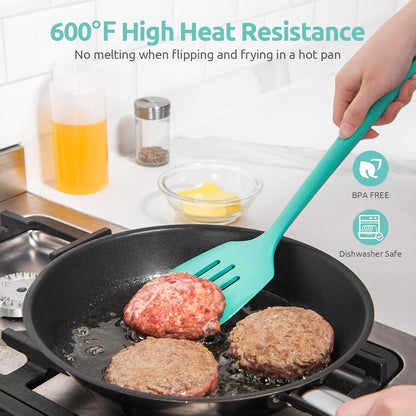 600ºF Heat Resistant Slotted Turner: U-Taste 13.6in Silicone Kitchen Spatula Flipper, 3.74in Wide Food Grade Flexible Thin Rubber Cooking Utensil for Egg, Pancake, Cookie in Nonstick Cookware (Red)