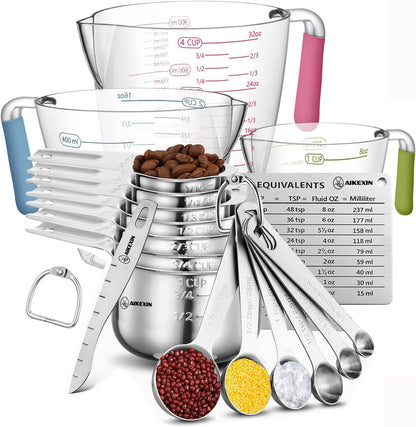 AIKEXIN 20-Piece Measuring Cups and Spoons Set, Nesting Stainless Steel Measuring Cups Spoons with Plastic Measuring Cup for Dry and Liquid Ingredients, Kitchen Cooking & Baking Gadgets