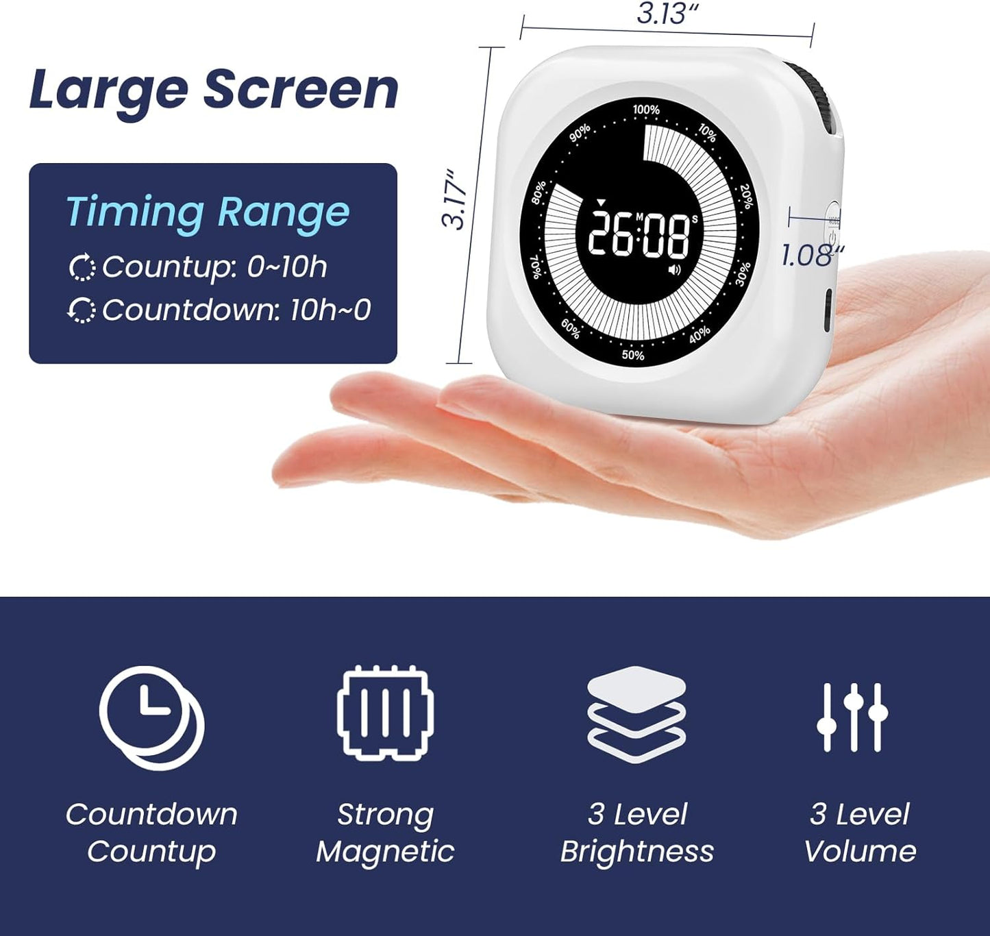 PERSUPER Visual Timer for Kids, 10 Hours Countdown/Up, with Rechargeable, 3 Volume Levels, 3 Brightness Display, and Magnetic, Homeschool Study Tool, Large Digital Timers for Classroom, Kitchen