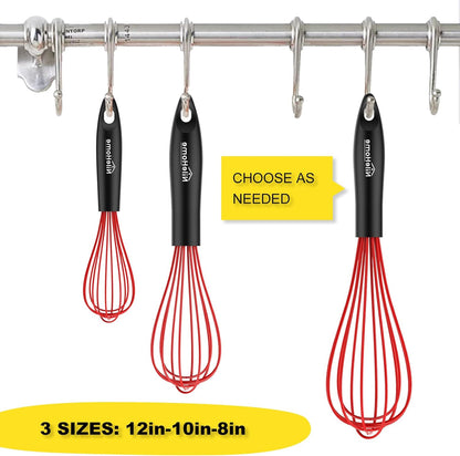 NileHome Silicone Whisk Set 8" 10" 12" Kitchen Whisk Kitchen Wisk Wire Whisks for Cooking, Whisking, Blending, Beating, Stirring-Black 3 Pack