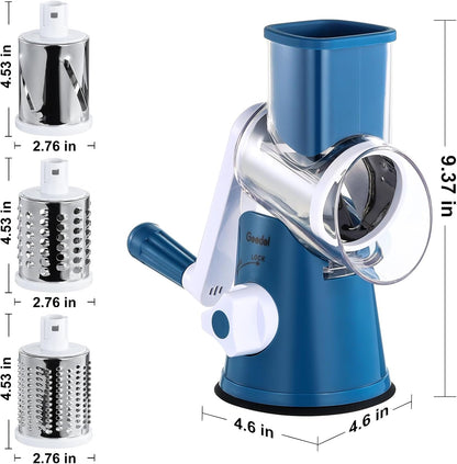 Geedel Rotary Cheese Grater, Kitchen Mandoline Vegetable Slicer with 3 Interchangeable Blades, Easy to Clean Grater for Fruit, Vegetables, Nuts