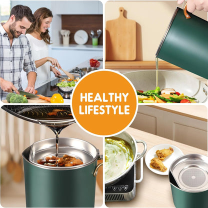 Chihee Grease Container Stainless Steel Bacon Grease Saver with Fine Mesh Strainer 2L / 67.6 fl oz Cooking Oil Keeper Stoarge Can with Dust-proof Lid Non-slip Tray for Kitchen Frying