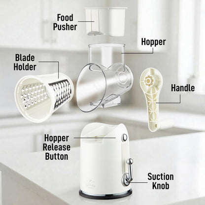 Zulay Kitchen Rotary Cheese Grater 5 Blade Cheese Shredder - Manual Hand Crank Cheese Grater With Reinforced Suction & 5 Interchangeable Drums - Easy to Use, Vegetable Chopper Round Mandoline Slicer - Colors A