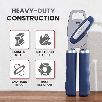 Zulay Kitchen Heavy Duty Stainless Steel Can Opener Manual with Bottle Opener - Rust Proof Manual Can Opener With Turn Knob & Comfy Soft Grip Handles - Black