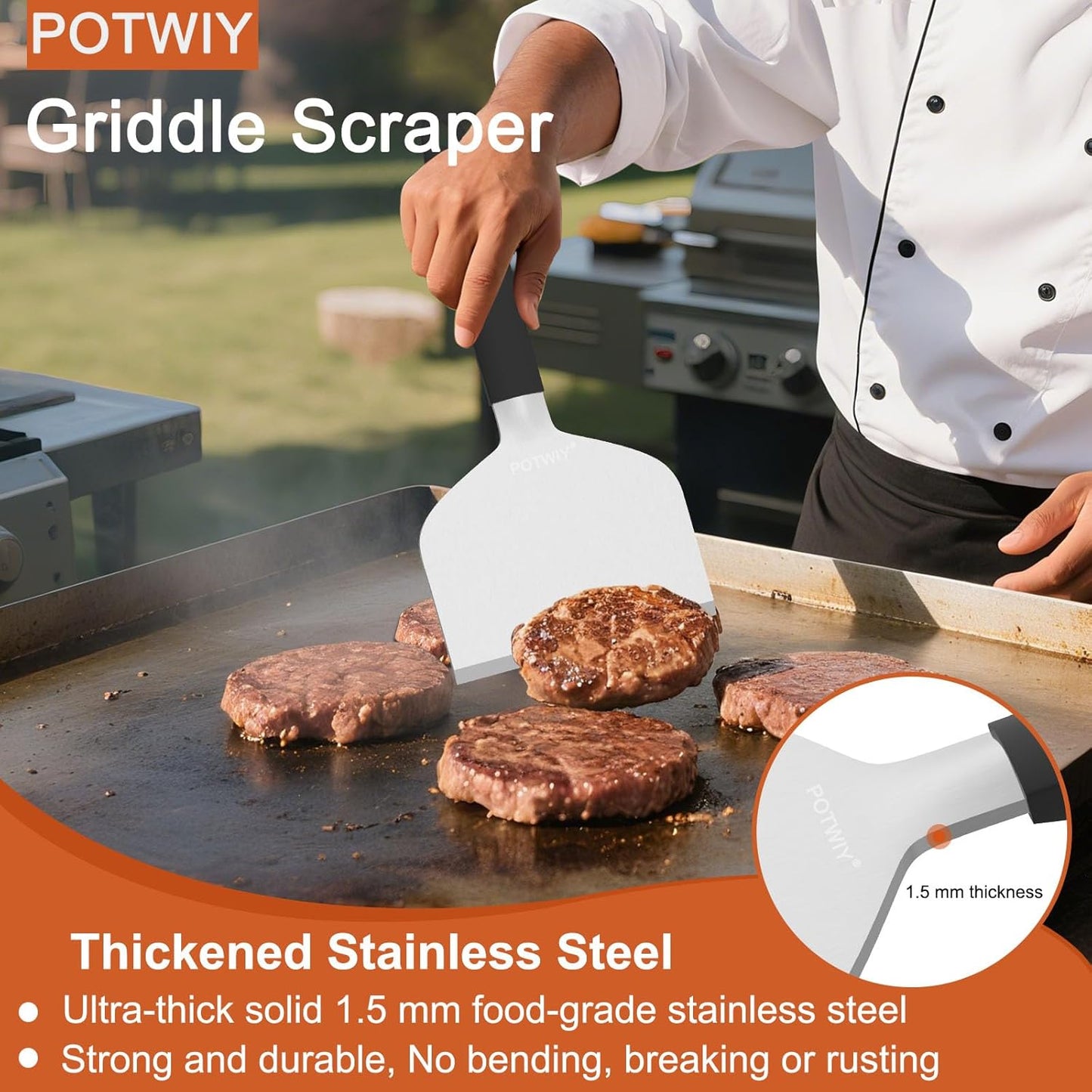 Heavy Duty Griddle Scraper, 5.3" Wide, Sharp Stainless Steel Scraper with Full Tang Silicone Handle, Great BBQ Cleaning Tool for Flat Top Grill & Griddle Cleaning Accessories (1 Pack, Large)