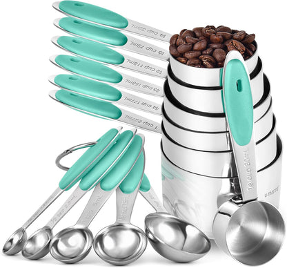 Measuring Cups and Spoons Set: U-Taste 18/8 Stainless Steel 12 Pieces Metal Stacking Kitchen Baking Cooking Food Measure Set 7 Cups 5 Spoons with Strengthened Weld Joints (Black, Upgraded Version)