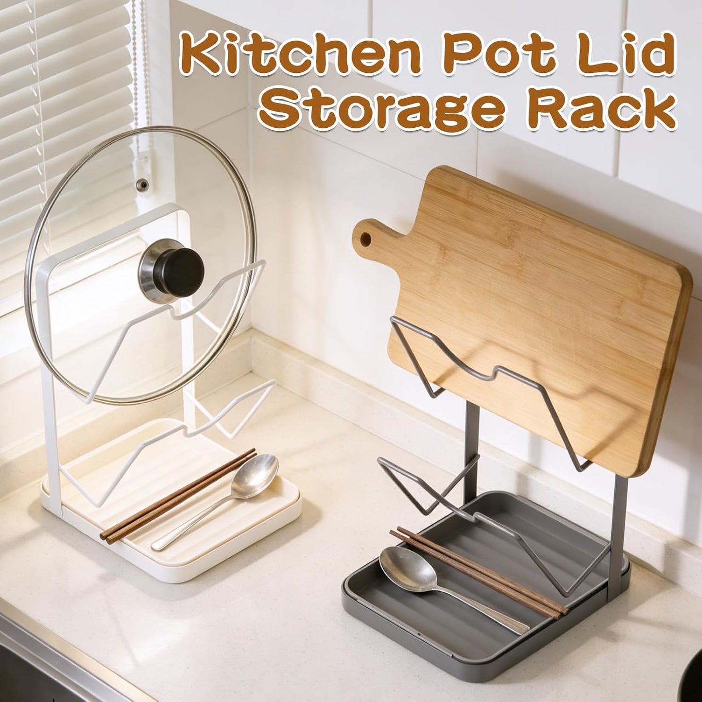 Kitchen Pot Lid Storage Rack, Double-Layer Pot Lid Organizer with Removable Drip Tray,Pot Lid Holder While Cooking,Space-Saving kitchen Countertop Organizer Storage for Pots Pans & Cutting Boards
