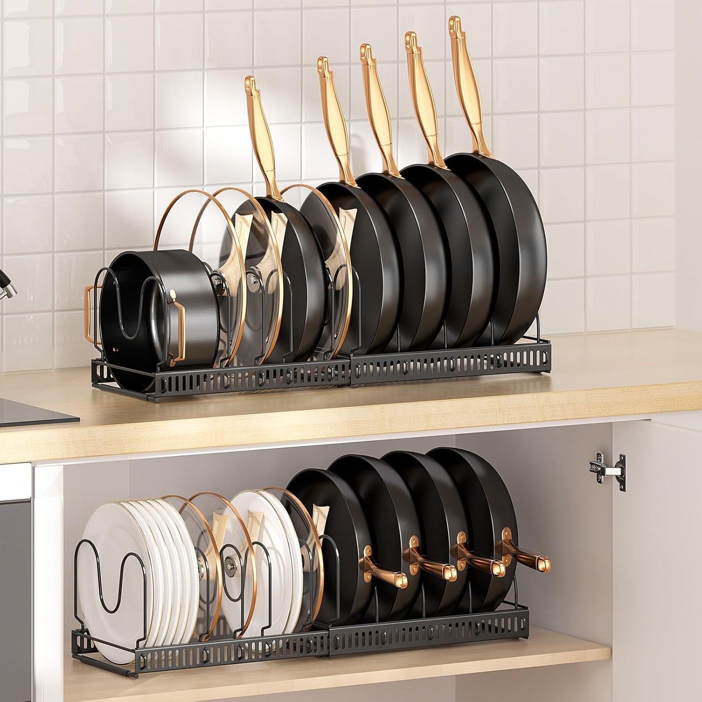 MUDEELA Pots and Pans Organizer Rack for under Cabinet, Expandable 11.81''-22.85'' Pot Lid Kitchen Cabinet Organizer Holder with 10 Adjustable Compartment Cutting Board Organizer for Pan Lid, Bakeware
