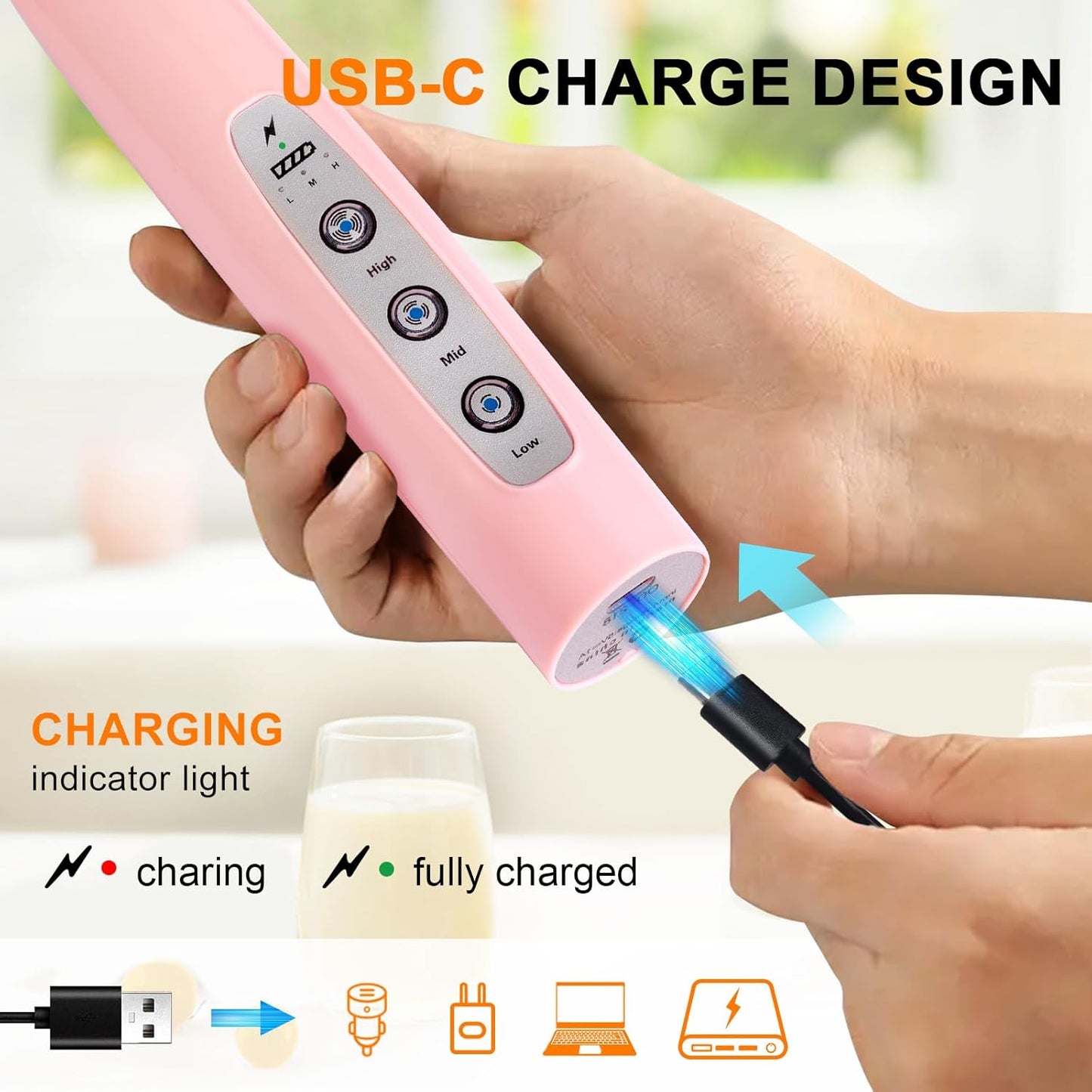 YUSWKO Black Handheld Milk Frother Wand for Coffee, Rechargeable Electric Whisk with 3 Heads 3 Speeds Drink Mixer Coffee Frother For Latte, Cappuccino, Hot Chocolate, Egg