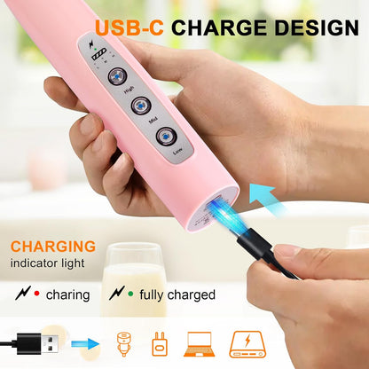 YUSWKO Black Handheld Milk Frother Wand for Coffee, Rechargeable Electric Whisk with 3 Heads 3 Speeds Drink Mixer Coffee Frother For Latte, Cappuccino, Hot Chocolate, Egg