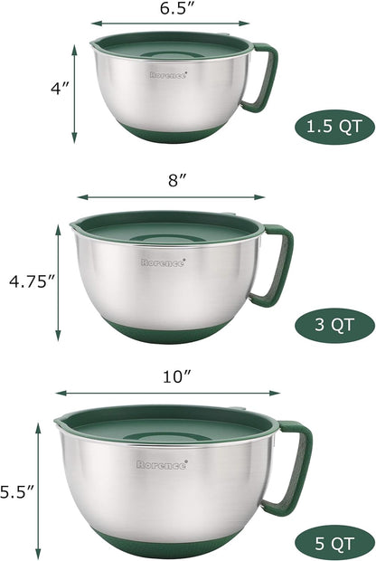 Rorence Stainless Steel Non-Slip Mixing Bowls With Pour Spout, Handle and Lid, Set of 3, Black