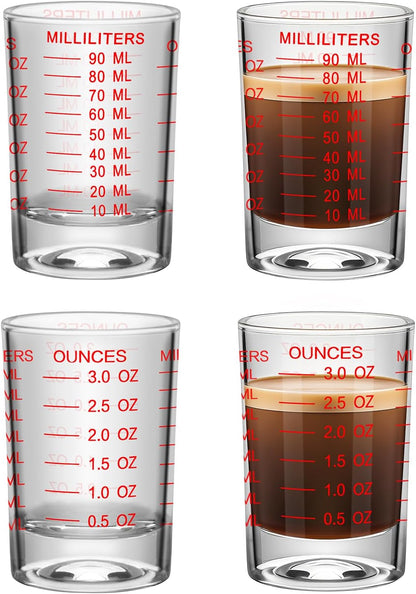 4Pcs Shot Glass Measuring Cup 3 Ounce/90ML Liquid Heavy High Espresso Glass Cup Black Line Espresso Shot Glasses with Measurement (4, Red scale)