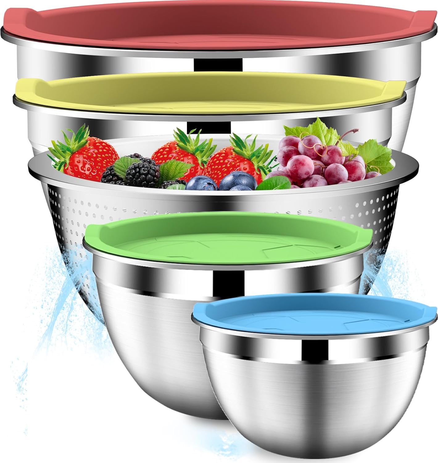 DUTZUN Mixing Bowls with Lids Set, Stainless Steel Mixing Bowls with Colander, Strainer with Mixing Bowl Set, Serving Bowl Kitchen Gift, Size 4.5, 2.5, 2, 1.5QT - Black