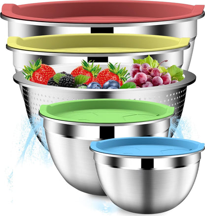 DUTZUN Mixing Bowls with Lids Set, Stainless Steel Mixing Bowls with Colander, Strainer with Mixing Bowl Set, Serving Bowl Kitchen Gift, Size 4.5, 2.5, 2, 1.5QT - Black