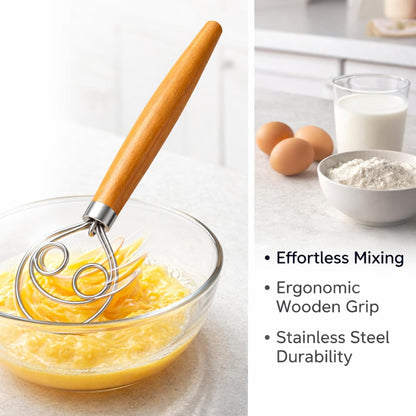 Danish Dough Whisk for Sourdough Bread – Stainless Steel Manual Dough Mixer with Wooden Handle 13 Inch Bread Mixing Tool for Pizza Baking & Artisan Dough