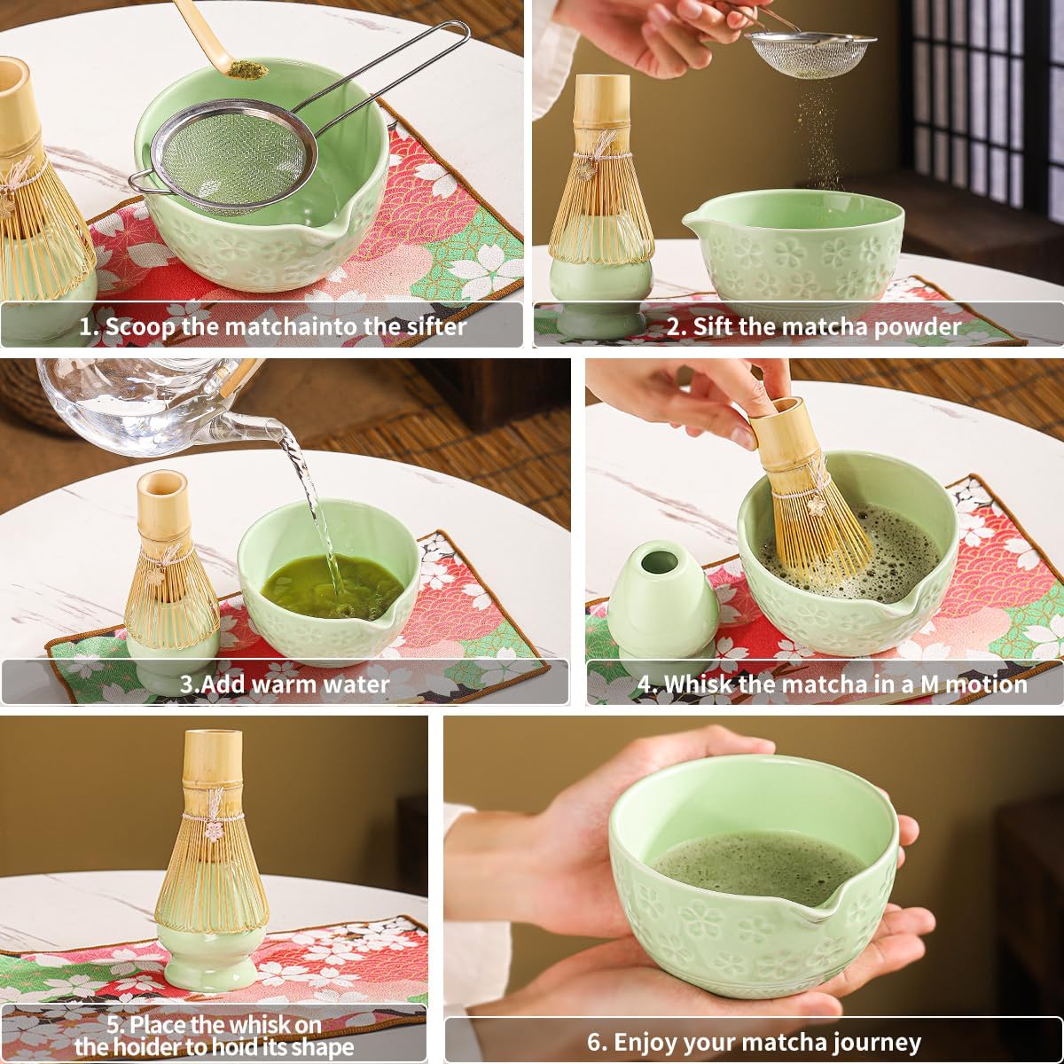 8-Piece Matcha Ceremony Set - Tea Kit with Cherry Blossom Bowl, Bamboo Whisk, Wood Scoops, Tea Cloth & Floral Display - Gift-Ready Pink Cherry color box (blue)