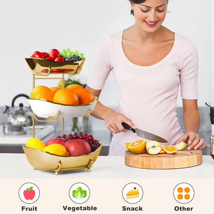 Fruit Bowl for Kitchen Counter, 3 Tier Ceramic Fruit Basket with Metal Stand, Tiered Fruit Stand for Countertop, Modern Multi Serving Bowl for Party Dessert, Vegetable, Snack