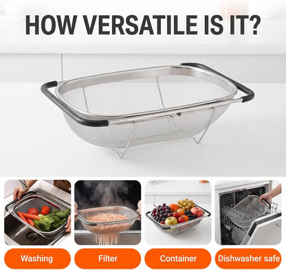 Over The Sink Colander, Fine Mesh Stainless Steel Strainers and Colanders, 6 Quarts Stainless Steel Oval Colander with Expandable Rubber Grip Handle, Steel Colander for Strain, Drain, Rinse