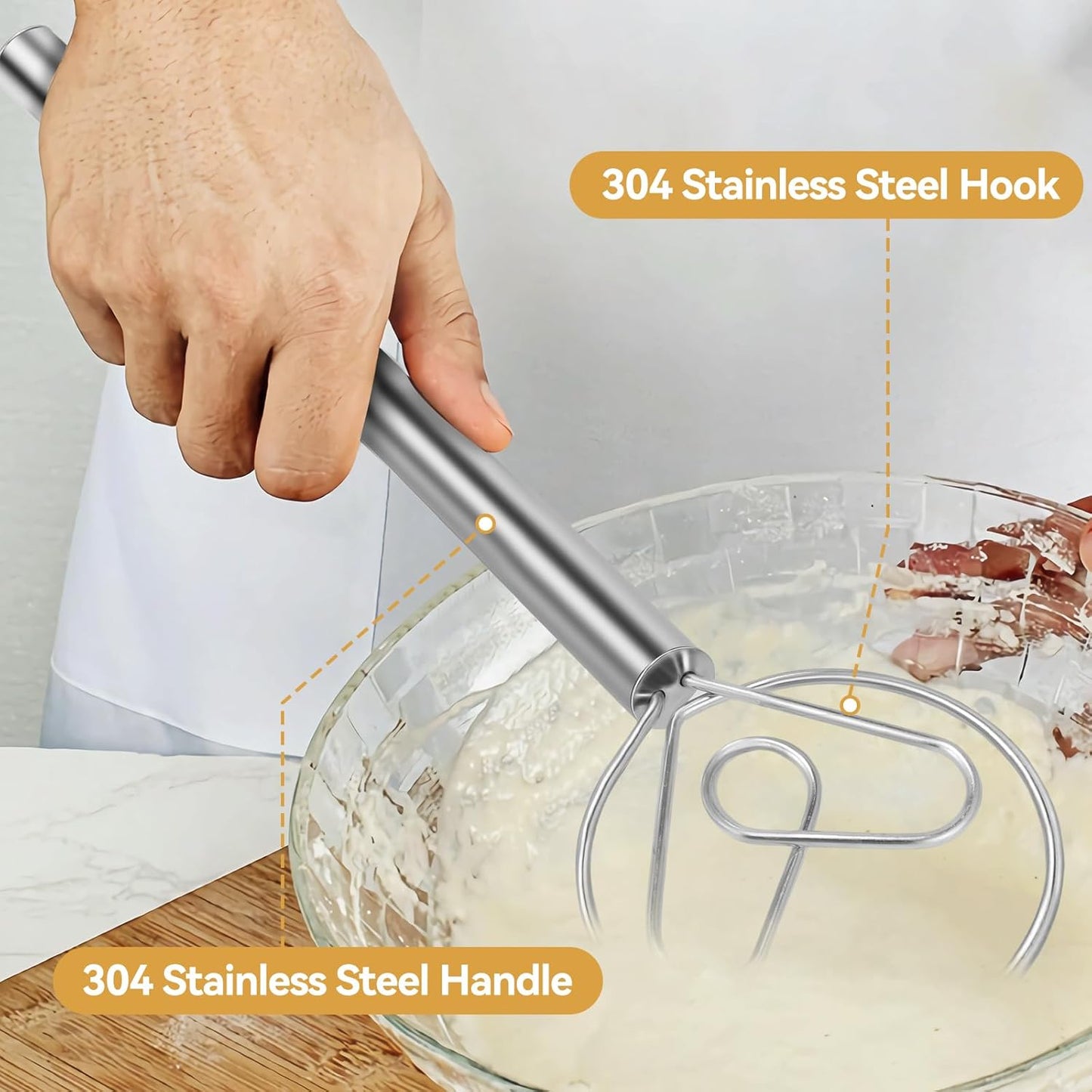 Danish Dough Whisk Dutch Bread Mixer Stainless Steel Hook Wooden Handle Baking Tools for Sourdough Pizza Pastry Cake Batter Making