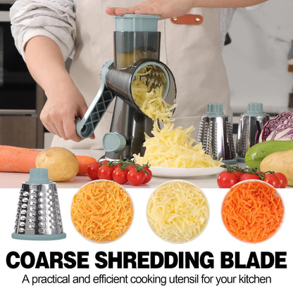 Cheese Grater Cheese Shredder with 3 Interchangeable Blades, Rotary Cheese Grater Manual Vegetable Slicer with Non-slip Suction Base Peanut Nuts Grinder Vegetable Shredder Clear